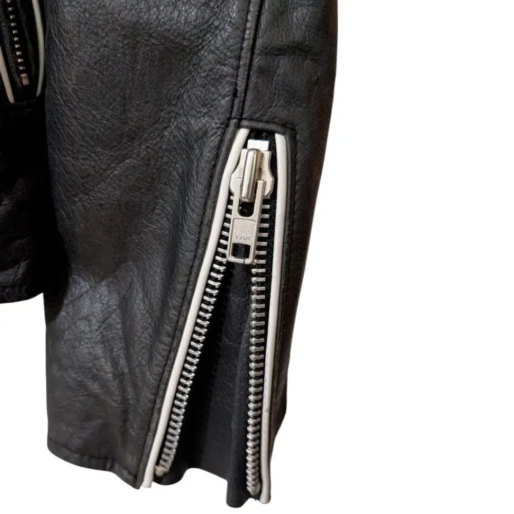 OZONE ROCKS Japanese Y2K VTG Black Leather Biker Jacket Quilted Lined Women's XS